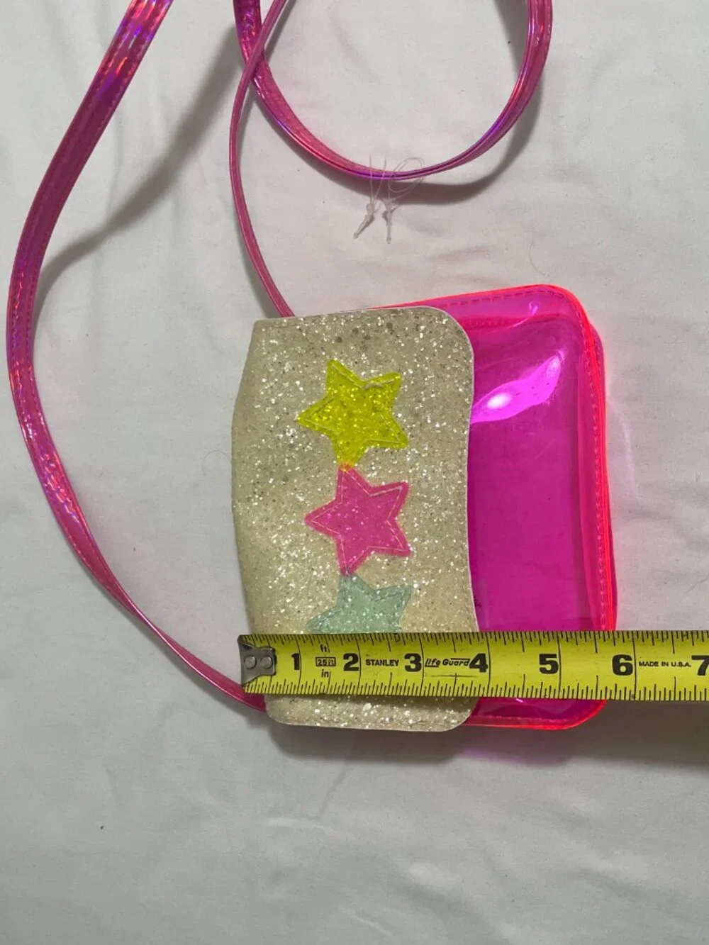Girls Neon Pink Clear Jelly Crossbody Purse Glitter Star Flap Kids Shoulder Bag